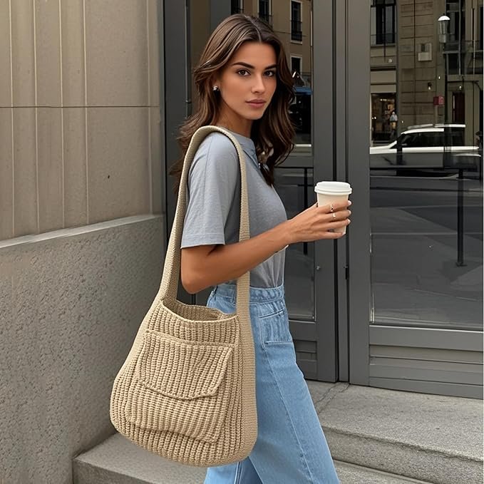 2283 Khaki Crochet Tote Bag