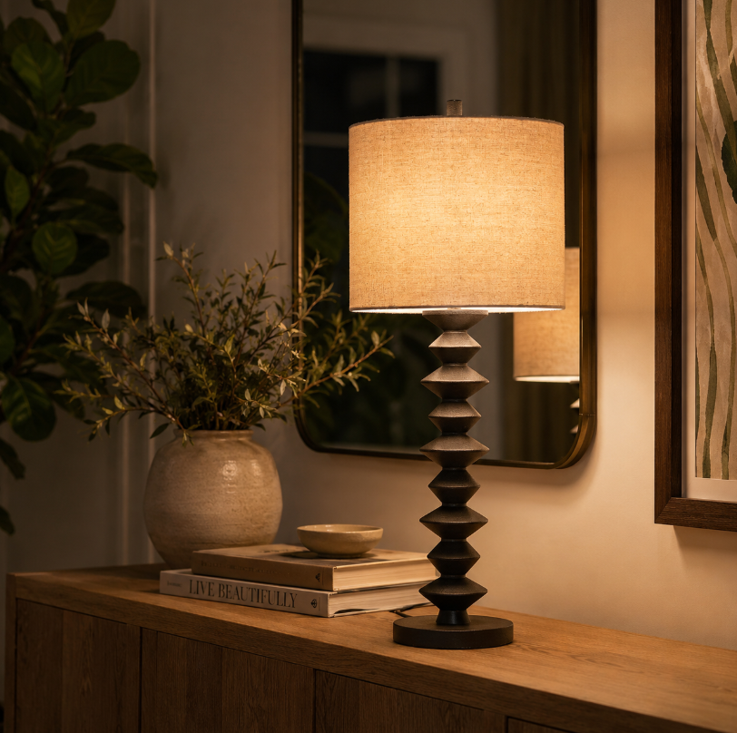The Cozy Green Living Room Formula Everyone Will Want to Copy 9 warm table lamp