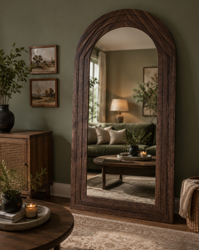 The Cozy Green Living Room Formula Everyone Will Want to Copy 11 full length arc mirror