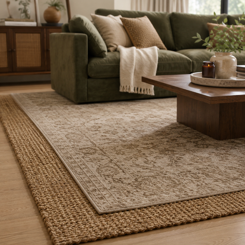 The Cozy Green Living Room Formula Everyone Will Want to Copy 7 layered rugs