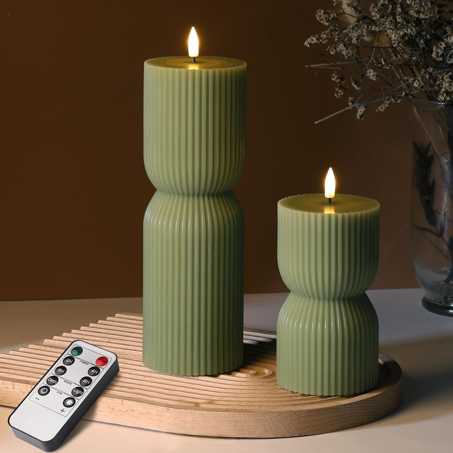 Coffee Table Styling Pieces That Make Your Living Room Look Expensive 47 1739 Olive Green Ribbed Flameless Pillar Candles