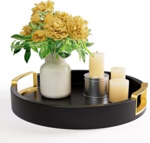 Coffee Table Styling Pieces That Make Your Living Room Look Expensive 23 1819 Round Decorative Tray Round Black Tray Gold Metal Handles
